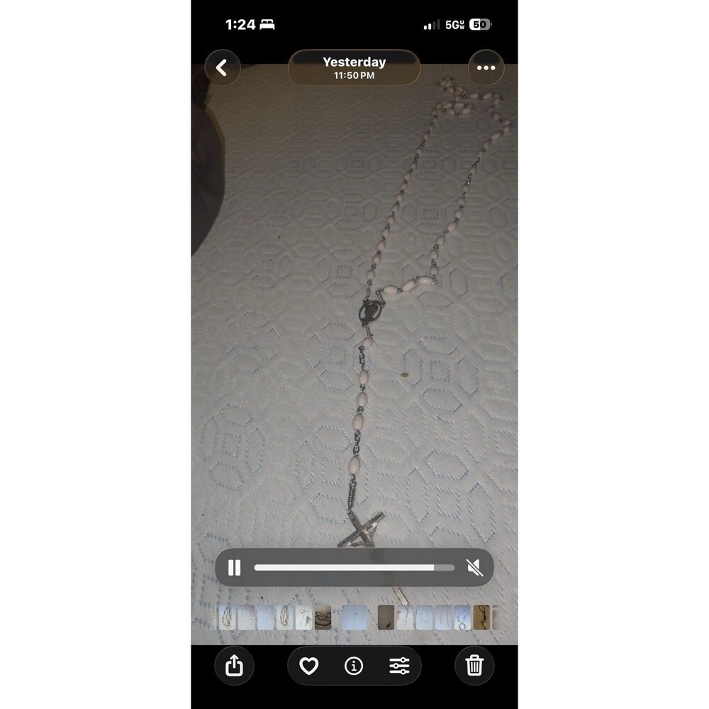 VTG Catholic Rosary White Beaded Double Wire Jesus Cross Madonna Italy 17”